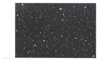 A horizontal, monochromatic print of a dense starfield against a dark, textured background. Countless white dots of various sizes and brightness are scattered across the composition, creating the impression of a vast night sky. The artwork is presented on paper with a white border.