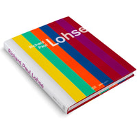 A hardcover book titled Richard Paul Lohse, set against a white background. The cover features a pattern of bold, diagonal stripes in vibrant colors including yellow, green, orange, blue, purple, and red. The white spine displays the title in purple text.