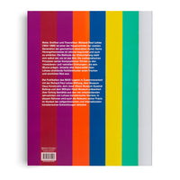 The back cover of a German-language book with a design of vibrant, vertical stripes in shades of magenta, red, orange, yellow, and green. A block of text is superimposed over the stripes, with an ISBN and barcode at the bottom left.