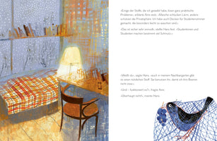 A page from a book with German text. On the left is a colorful illustration of a cozy bedroom on a snowy day, featuring a bed with a red and yellow plaid blanket and a desk with a glowing lamp. On the right, below the text, is a small drawing of a blackbird in a net with berries.