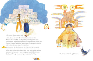 A two-page watercolor illustration from a book. On the left, a man and a woman in mid-century attire stand before a large, stylized ancient temple. On the right is a large, fantastical bird-like creature made of colorful, woven-style patterns in yellow and orange. At the bottom right, a small blue bird looks up at the large creature.
