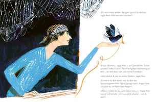 A stylized book illustration, split between a dark background with a white web-like pattern on the left and a white background with German text on the right. A person in a blue shirt and spotted headscarf leans from the dark side into the white, holding out their hand. A small blue bird is perched on their palm, holding a looping orange thread in its beak.