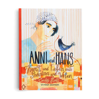 The cover of the German book Anni und Hans: Kunst und Leben mit Schnüren und Weben. A colorful illustration shows a woman in a blue and white polka dot headscarf looking down at a small blue bird perched near her hand. The bird holds a long, looping red thread in its beak against a background of vertical orange lines and abstract woven patterns.