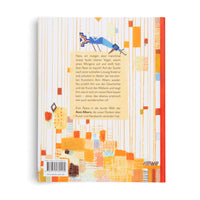 The back cover of a children's book with German text and a colorful, abstract illustration. The artwork features geometric patterns in orange, yellow, and blue, with a stylized, woven-looking bird near the top. A barcode and ISBN are visible at the bottom left corner.