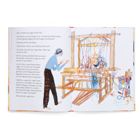 An open children's book with German text on the left page. The right page has a colorful illustration of a person in a blue shirt and patterned cap looking in surprise at a large wooden weaving loom. The loom's threads are a chaotic, colorful tangle, with a small black bird trapped in the middle.