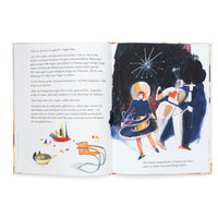 An open illustrated book with German text on the left page and a small drawing of a Bauhaus-style chair. The right page has a large, whimsical illustration of a woman in a futuristic costume and a large, abstract figure playing an accordion with a red heart on its chest.