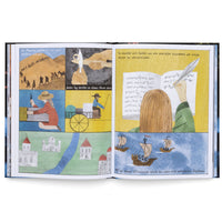 A two-page spread from an illustrated book with colorful panels depicting the progress of human civilization. On the left, panels show people migrating across a desert, hands carving a tool, a person building with blocks, and another on a wheeled cart. The right page shows a person writing with a quill and several sailing ships at sea. The book has German text.