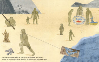 An illustration of a prehistoric community on a sandy shore next to water. Various early humans are engaged in activities: one pulls a raft of fish from the water with a rope, a group cooks a fish over a fire, one holds a spear, and an adult walks with a child. Cave paintings are visible on a distant mountain.
