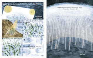 A two-page spread from an illustrated book in German with soft, watercolor-style art. The left page contains several panels explaining the evolution of early cells, photosynthesis, and the release of oxygen. The right page shows a single, large image of streams of oxygen bubbles rising from a dark ocean to fill the early Earth's atmosphere.