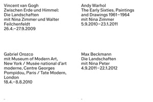 A white page with black text listing four past art exhibitions from 2009 to 2012. The listed artists are Vincent van Gogh, Andy Warhol, Gabriel Orozco, and Max Beckmann. Each entry includes the exhibition title, names of collaborators or partner institutions, and the specific dates the exhibition ran. The text is arranged in two columns.