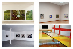 An art catalog page with four photographs of different gallery installations. Top left shows a large three-panel painting of a green landscape with two men by a river. Top right shows a museum corner with four paintings on the walls. Bottom left shows a minimalist gallery with black and white portraits. Bottom right is a close-up of a colorful, modern installation with reflective surfaces.