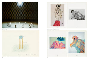 An open art book displaying a two-page spread with several artworks. On the left page, a photograph shows white, stylized figures dancing in a spotlight in front of a checkerboard wall. Below is a drawing of a blue box on four tall stilts. The right page features four expressionist depictions of the human body: two line drawings of contorted figures above, and two colorful paintings below, one of a reclining figure and another of a figure screaming with a hand to its mouth.