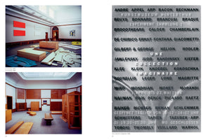 A two-page spread from an art catalog. The left page shows two color photographs of gallery installations by Imi Knoebel from 1982, one featuring red paintings and stacked plywood, the other filled with various wooden sculptures. The right page displays a black and white poster for a 1984 exhibition, Une collection imaginaire, listing the names of numerous modern artists.