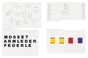 A two-page spread from an art book. The left page features a line drawing of human limbs by Markus Raetz and the names Mosset, Armleder, Federle in bold type. The right page shows an exhibition notice for ROT GELB BLAU and a minimalist color block artwork by Blinky Palermo.