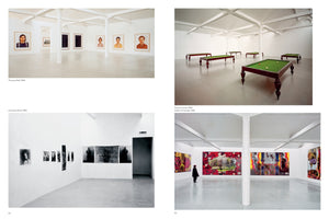 A two-page book spread showing four photographs of art exhibitions in a white gallery. Top left: large, colorful portraits by Thomas Ruff on a wall. Top right: an installation of several green pool tables by Sherrie Levine. Bottom left: black-and-white photos by Annelies Strba. Bottom right: a person observes large, vibrant paintings by Gilbert & George.