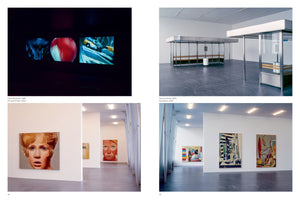 A two-page spread from a book showing four photographs of art installations. Top left: A dark room with a three-screen video installation. Top right: Two modern metal and glass bus shelters installed in a spacious gallery. Bottom left: A gallery hallway with large, colorful portraits of women's faces. Bottom right: A gallery wall with two large, vibrant, surrealist paintings.