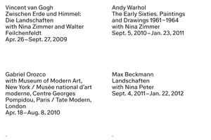 A page of text detailing four past art exhibitions. The first is Vincent van Gogh, Zwischen Erde und Himmel: Die Landschaften, from April 26 to September 27, 2009. The second is Andy Warhol, The Early Sixties. Paintings and Drawings 1961–1964, from September 5, 2010 to January 23, 2011. The third is Gabriel Orozco, with museums including MoMA and Tate Modern, from April 18 to August 8, 2010. The fourth is Max Beckmann, Landschaften, from September 4, 2011 to January 22, 2012.