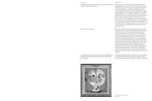 A two-page spread from a book showing an interview about art. The text is in black on a white background. On the bottom right page is a black-and-white reproduction of Paul Klee's 1922 painting, Senecio (Soon to be Aged), which is an abstract portrait of a face made of geometric shapes. The page number 105 is at the bottom.
