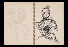 An open, spiral-bound sketchbook displaying two drawings on off-white paper against a black background. The left page shows a faint pencil sketch of a man and a woman wearing hats. The right page features a bold, expressive black ink sketch of a woman in profile with a curly updo and a high collar.