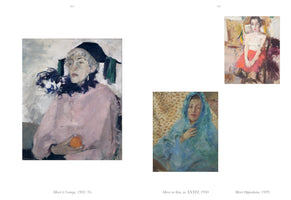 A two-page spread from an art book, pages 264 and 265, displaying three painted portraits of the artist Meret Oppenheim. The large painting on the left, Meret à l'orange, 1932–35, shows her in a pink top and black hat holding an orange. On the right are two smaller paintings: Meret Oppenheim, 1929, showing her seated in a red skirt, and Meret en bleu, 1930, a portrait of her wearing a blue veil.