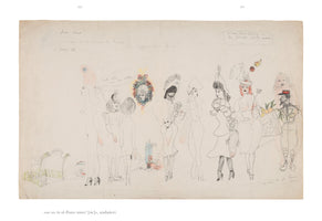 A linear, whimsical drawing in pencil and colored pencil on an aged, horizontal sheet of paper. The illustration depicts a surreal procession of characters walking from left to right, including nude and partially dressed women in high heels and fantastical hats, a floating head inside a wreath, and a soldier in uniform carrying a basket of fruit and vegetables. Faint architectural sketches and handwritten French text are also visible.