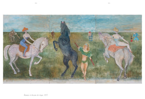 A triptych painting of a circus scene in a grassy field under a light blue sky. On the left, a woman in a blue leotard rides a white horse. In the center, a woman in a green two-piece costume stands next to a rearing black horse. On the right, a woman in a light blue leotard rides another white horse, seen from behind. Other performers are scattered in the background. The style is soft and painterly.
