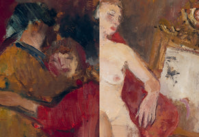 A side-by-side comparison of two expressive oil paintings. The left panel shows a dark, intimate scene of two figures embracing, rendered in warm, somber tones. The right panel shows a fair-skinned nude woman with her eyes closed, sitting in a red chair in a more brightly lit room.