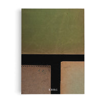 A minimalist, top-down view of three notebooks on a white background with a black central band. A large olive-green notebook is at the top. Below, a brown spiral-bound notebook shows the letters K.B.H.G, and next to it, a tan notebook has the year 1941 handwritten on its cover.