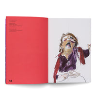 An open art book on a white surface. The left page is solid red with black text and the page number 14 at the bottom. The right page displays an expressive pastel drawing of a woman from the waist up, her head thrown back and mouth open in a scream of anguish.