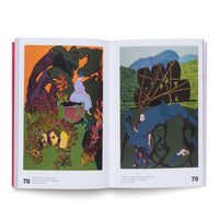 An open art book with a red spine is displayed on a white background, showing pages 78 and 79. On the left, a colorful, surreal illustration titled The Three Golden Heads depicts three heads resting among flowers in a garden. On the right, an illustration titled Brancallor - The Seven Barrels of Wine shows a figure entangled in a large blue shape in a stylized landscape.