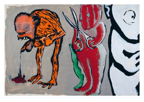 An expressionist painting of three stylized figures on a gray background. On the left, a hunched orange creature with hollow eyes and tiger-like markings drools a pool of dark red liquid. In the center, a red figure with a striped face holds a large pair of scissors. To the right is the partial view of a large white figure defined by thick, curving black lines.