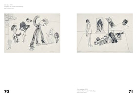 A two-page spread from a book showing two black-and-white line drawings by Paula Rego from 1970, with page numbers 70 and 71. The left image, The Chief, shows a tall, hunched man in a cap walking among several cartoonish figures. The right image, The Candidate, is a surreal indoor scene with a man in bed, a standing man, two crawling babies, and a large dark bird on the floor.