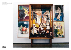 Paula Rego's 2009 artwork, Oratório, shown in a gallery. It is a large wooden cabinet on a stand with two doors swung open. The interior and doors are covered with painted panels depicting dramatic and unsettling scenes with human figures. The lower half of the cabinet contains a collection of sculpted dolls arranged in a somber tableau, including a figure holding a lifeless child.