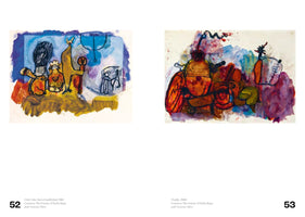 A two-page spread from an art book, pages 52 and 53. On the left is an abstract painting, Order Has Been Established, 1961, showing childlike figures and objects in yellow and orange against a blue background. On the right is another abstract painting, Trophy, 1960, featuring a chaotic mix of rounded shapes in orange, red, and purple with bold black outlines.