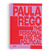 A book titled Paula Rego: The Personal and the Political, shown standing at an angle on a white background. The cover features a bold graphic design with large, blocky text in red and light purple, set on alternating horizontal stripes of the opposite color. The publisher Hatje Cantz and Museum Folkwang are listed at the bottom.
