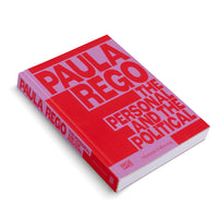 A photo of the hardcover book Paula Rego: The Personal and the Political. The book is angled on a white surface, showing its bright red cover and pink spine. The title is printed in a large, bold, blocky pink font. The publisher Hatje Cantz and Museum Folkwang are also credited.
