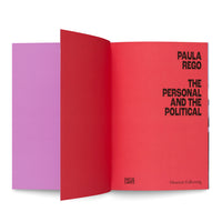 An open book with a lavender-pink back cover and vibrant red pages, set against a white background. The right-hand page is the title page, which reads PAULA REGO, THE PERSONAL AND THE POLITICAL in a bold, black font. The publisher Hatje Cantz and Museum Folkwang are listed at the bottom.