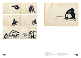 A two-page spread from an art book, numbered 104 and 105. The left page shows a grid of six expressive black ink drawings on aged paper, depicting a figure in a sequence of contorted, animal-like poses. The right page features a single larger drawing of a figure squatting in a corner, with their back to the viewer and bare buttocks exposed.
