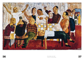 An expressionist painting, The Birthday Party, 1951, depicting a lively and chaotic gathering of people around a long table with a yellow and white checkered cloth. The stylized figures are drinking, toasting, and gesturing with animated expressions. One man lies on the table with his arm in the air, while another stands with his arms raised in celebration. The overall mood is boisterous, captured with a warm, earthy color palette.