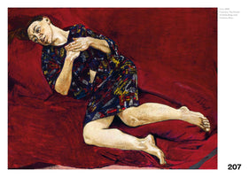 An expressive painting of a woman with dark hair lying on a rumpled, deep red surface. She is seen from above, wearing a dark patterned dress, and holds her hands clasped to her chest while looking directly at the viewer with an intense, wide-eyed expression.