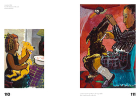 A two-page spread from an art book, pages 110 and 111, featuring two paintings from 1986. On the left, a painting shows a young girl with braided hair holding a smiling yellow dog on her lap. On the right, a painting shows a person in a patterned shirt and checkered skirt shaving a dark dog's neck with a straight razor, as a cartoonish bird flies overhead against a vibrant red background.