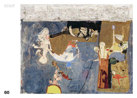 A full view of the abstract painting Iberian Dawn, 1962. The mixed-media artwork features a chaotic composition of painted shapes in muted blue, brown, and ochre, with various collaged paper cutouts of fragmented, surreal figures. A horizontal strip of paper with dense, frantic handwriting is pasted along the top edge.