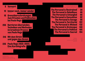 A table of contents with a bold graphic design. White text is set within staggered red blocks on a black background. The left column lists chapter titles in German, many referencing the artist Paula Rego. The right column lists chapter titles in English, all starting with The Personal is, such as The Personal is Restrained and The Personal is Political, each followed by a page number.