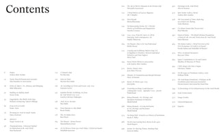 The table of contents from a book, laid out across a two-page spread. The title, Contents, is in a large black serif font at the top left. The entries are arranged in three columns, listing titles, authors, and page numbers for various essays and sections, primarily about art and culture in the Arab world.