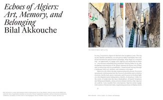 A page layout for an article titled Echoes of Algiers: Art, Memory, and Belonging by Bilal Akkouche. Two photos are placed side-by-side, depicting a narrow, weathered alley in the Casbah of Algiers with old buildings and steep stone steps. The text of the article begins below the photos.