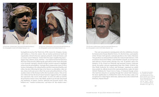 A two-page spread from a book, pages 216 and 217, showing three photographs across the top. The photos are close-ups of three male mannequins from dioramas in the Dubai Museum. Each mannequin represents a different phenotype and wears distinct traditional headwear. The surrounding text in English discusses the art market and artists in the Persian Gulf region.