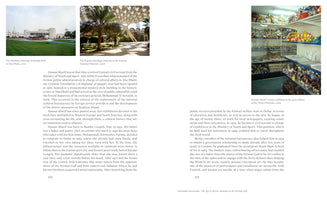 A two-page spread from a book, pages 218 and 219, with text about artist Hassan Sharif. Three color photographs are included: one of the Maritime Museum in Abu Dhabi, one of the Popular Heritage Museum in Kuwait, and one of an installation by Hassan Sharif at the Venice Biennale, which shows shelves full of assorted objects.
