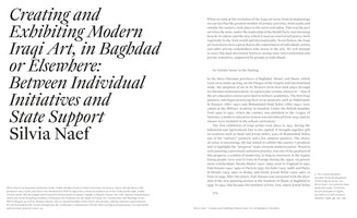 A page from an academic publication by Silvia Naef titled Creating and Exhibiting Modern Iraqi Art, in Baghdad or Elsewhere: Between Individual Initiatives and State Support. The page features a two-column layout with the large title on the left and the body text on the right discussing the origins of the modern art scene in Iraq.