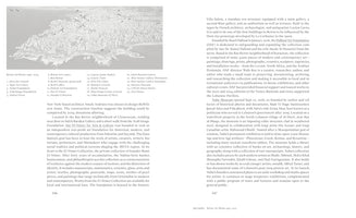 A two-page spread from an article titled Beirut Art Biome 1990–2025. The left page features a high-contrast, black and white map of Beirut showing locations of art galleries and museums, with a numbered key below it. The right page contains descriptive text about various art foundations and museums in the city.