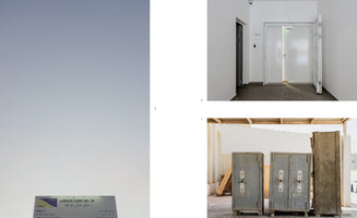 A composition of three photographs against a white background. On the left, a sign for Labour Camp No. 49 is set against a pale blue sky. On the top right, a stark white hallway features an open, sunlit door. On the bottom right, three old, weathered metal safes stand outdoors under an awning.